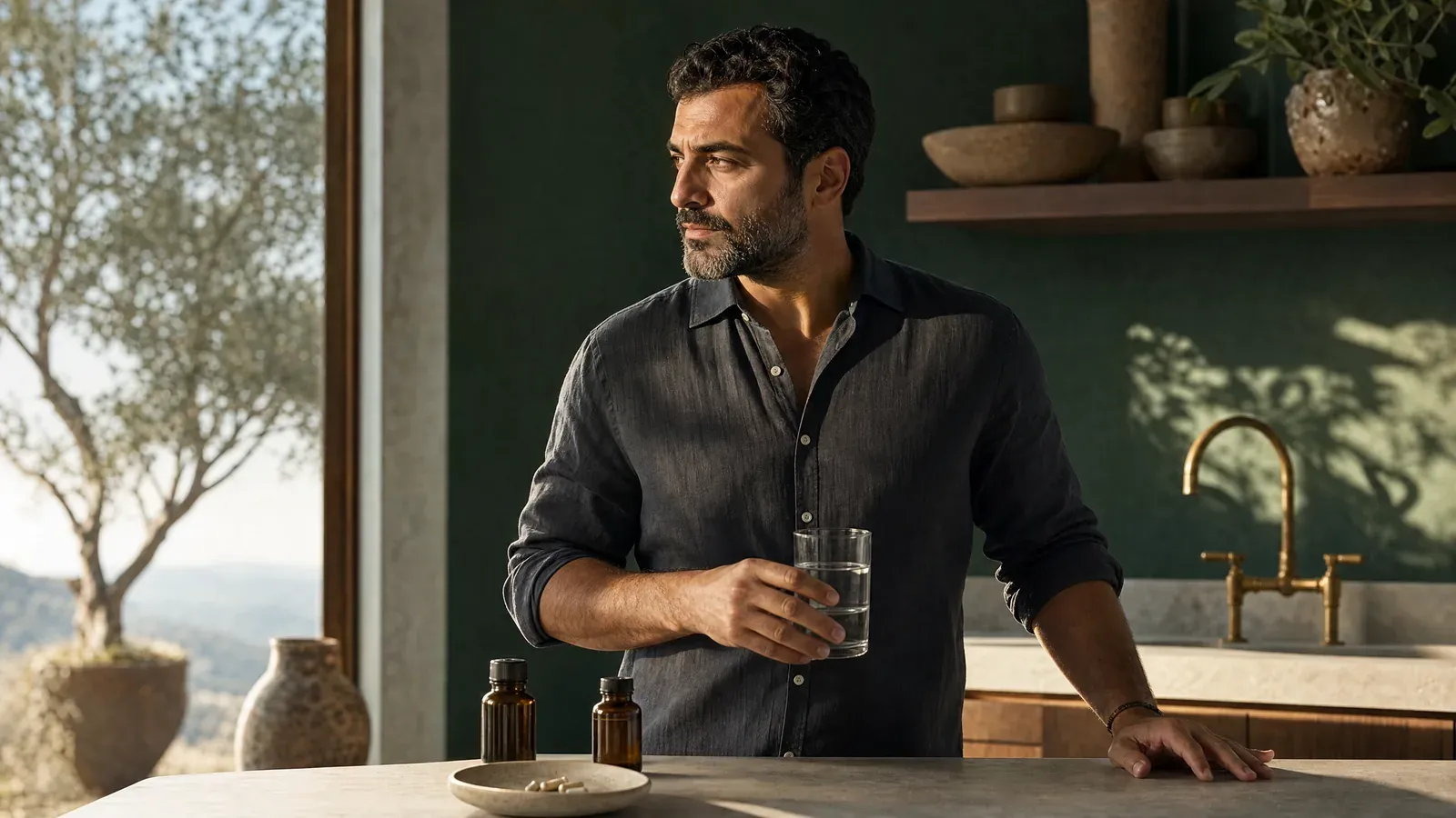 Thoughtful man in a sunlit kitchen holding a glass of water beside small amber bottles — editorial still on male fertility supplements
