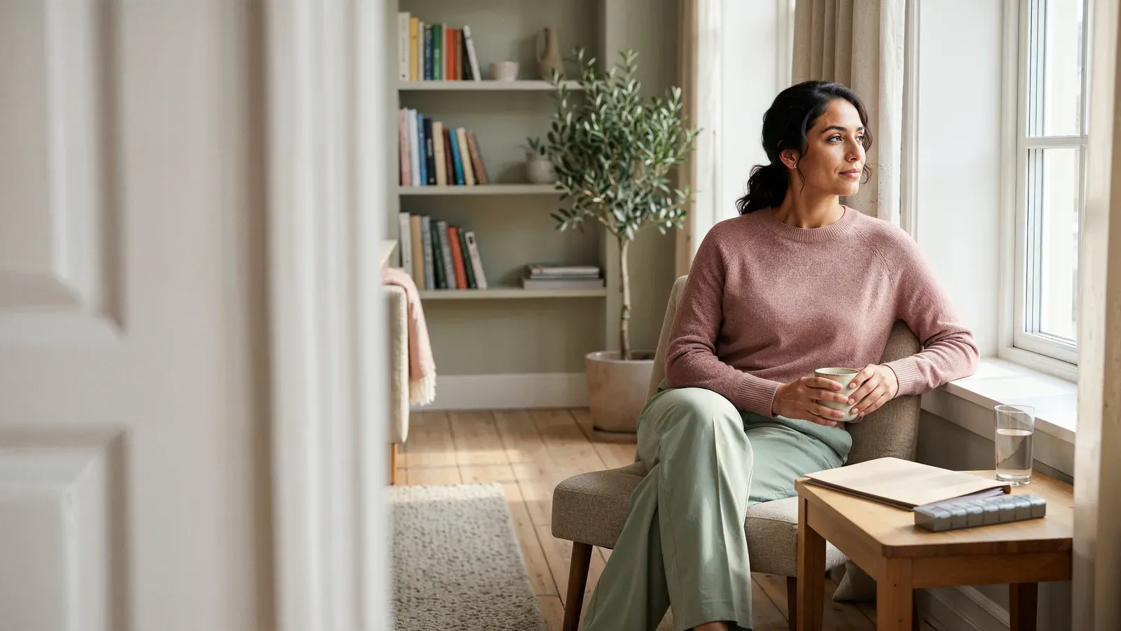 Woman sitting quietly by a window during the wait after embryo transfer