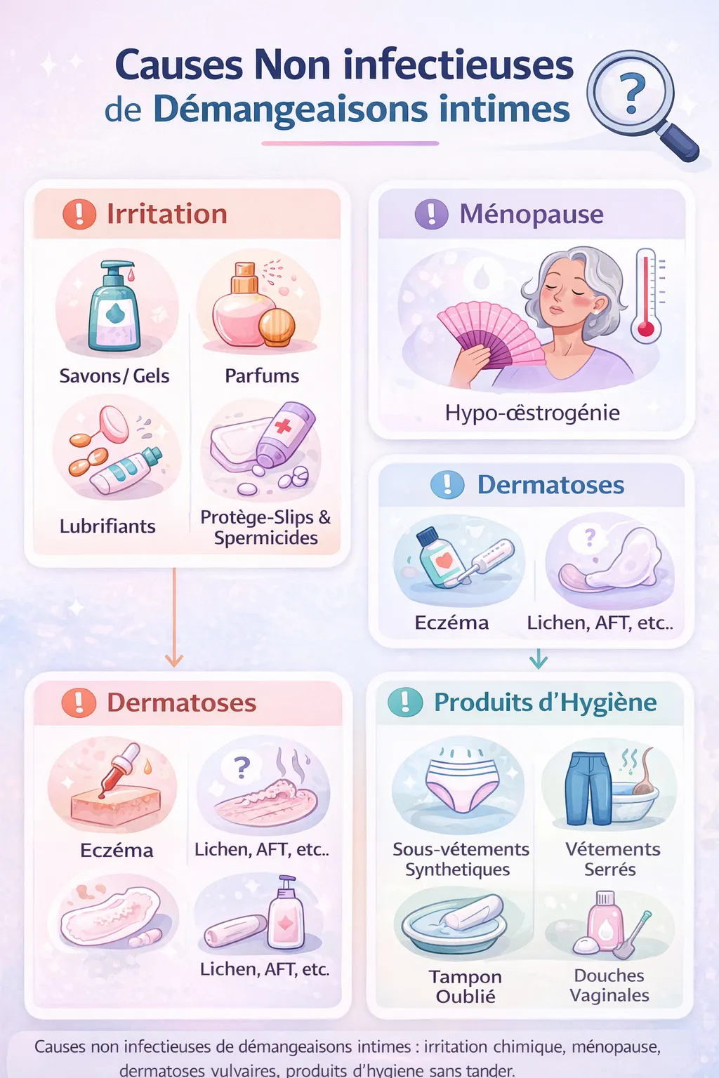 Causes non infectieuses de démangeaisons intimes : irritation, ménopause, dermatoses, produits d’hygiène.