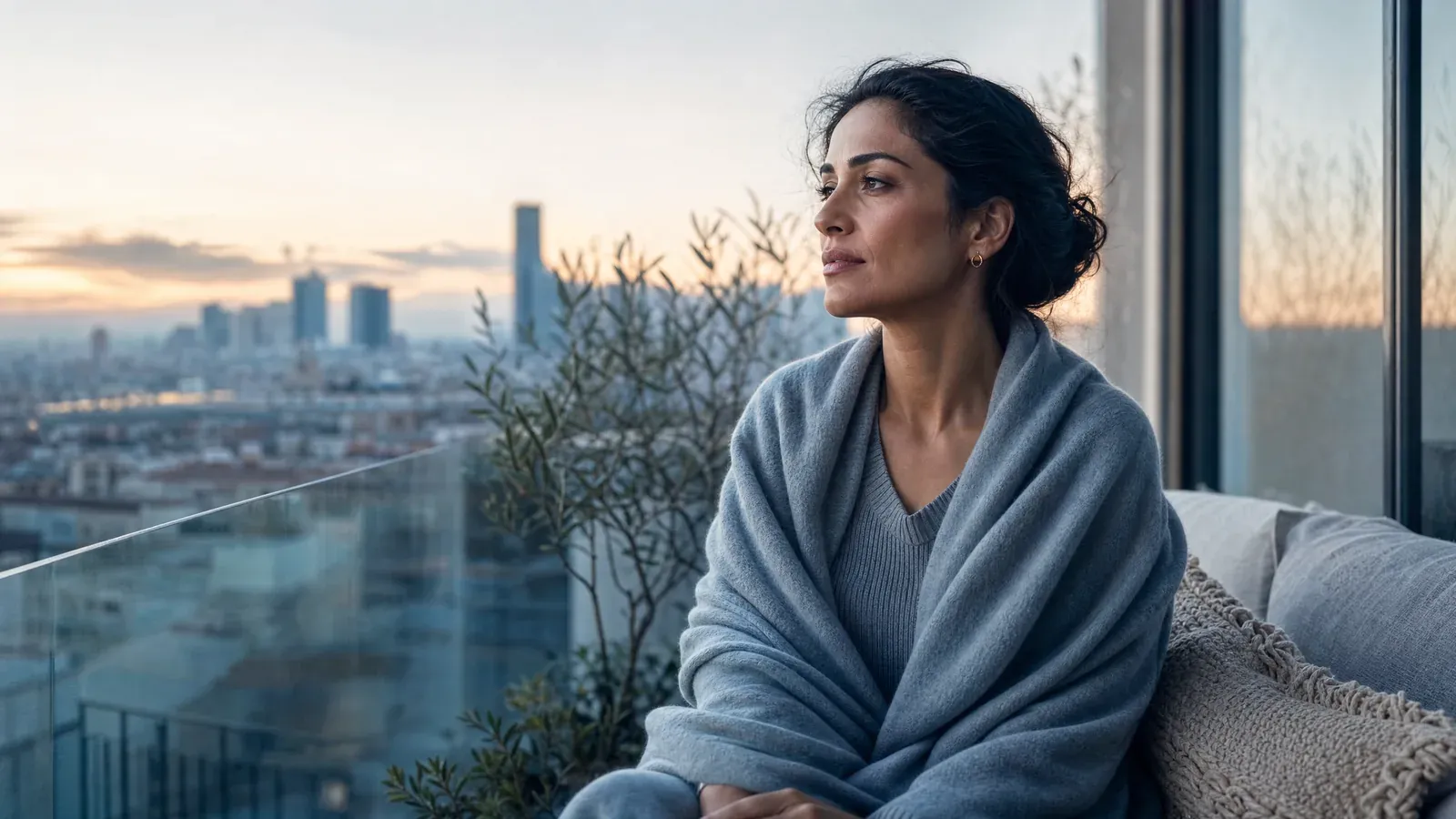 Calm woman at a cool blue-hour balcony looking over a pale city skyline — editorial still on reviewing a failed IVF cycle