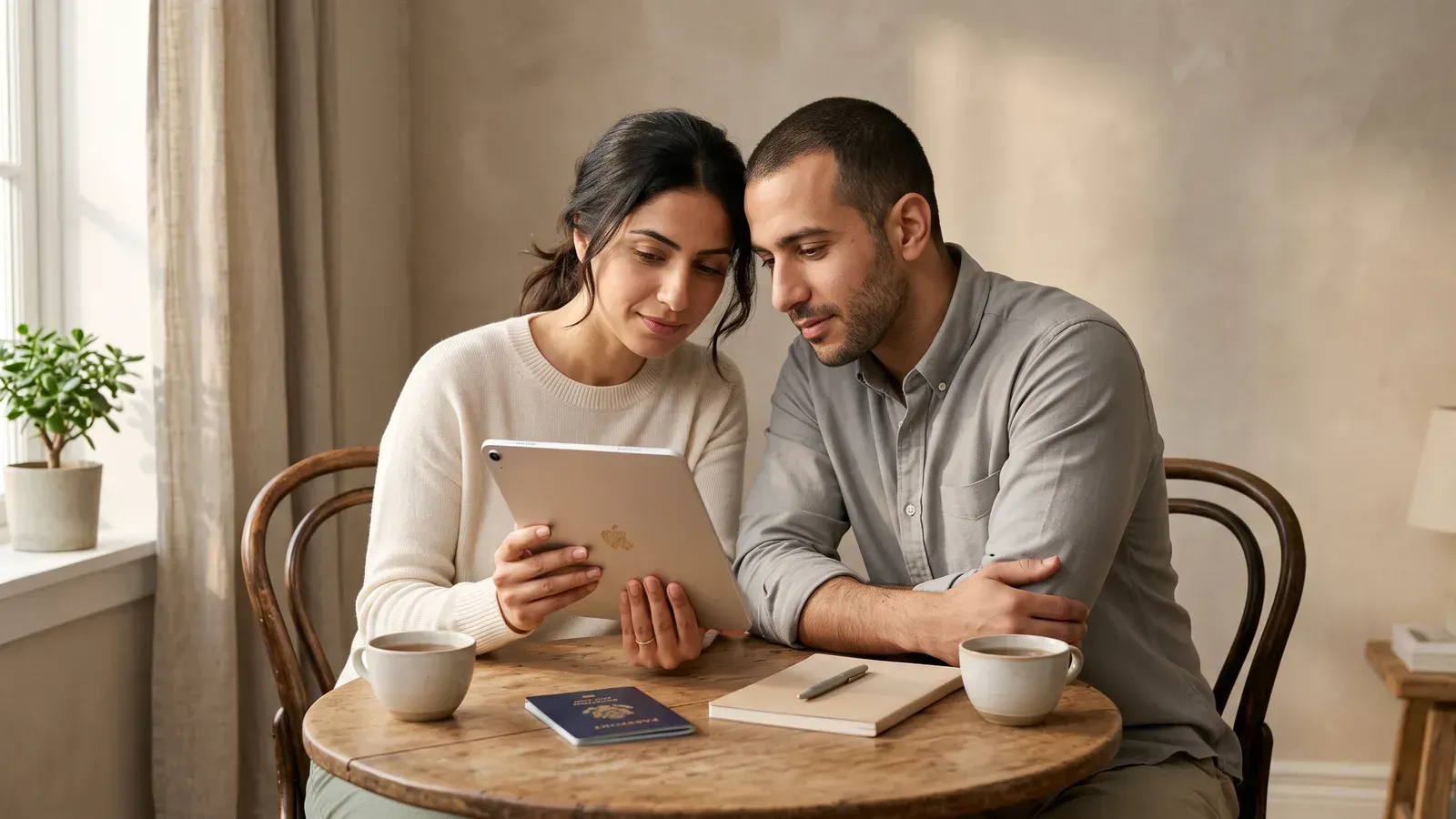 A couple sits together at a home table in warm morning light, reviewing a tablet with a passport and notebook nearby, weighing an important decision together