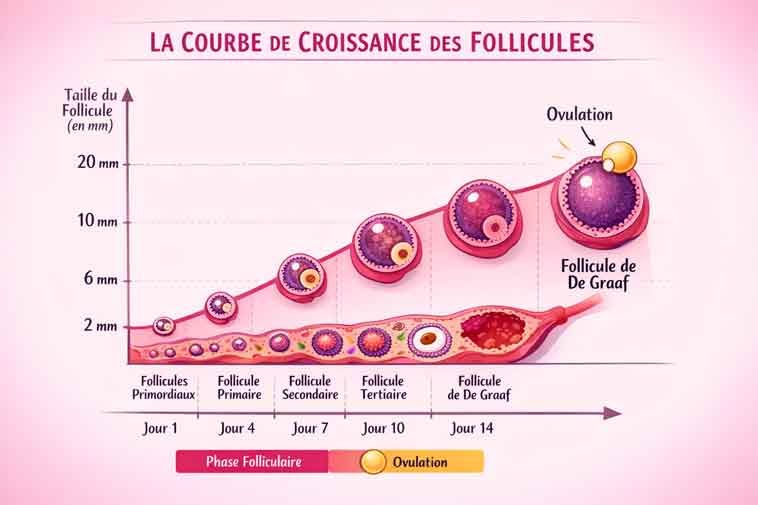 Schéma montrant les étapes de la stimulation ovarienne en FIV, de l'injection à la ponction