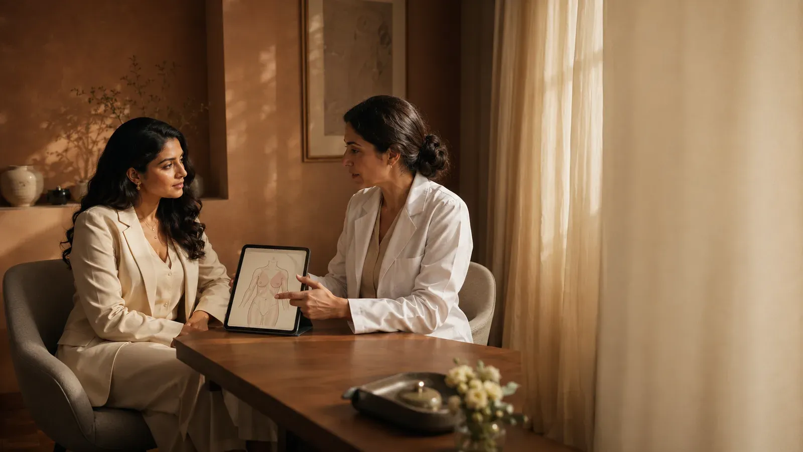 A patient and a surgeon review a simple anatomical diagram together in a calm consultation room, discussing the surgical approach