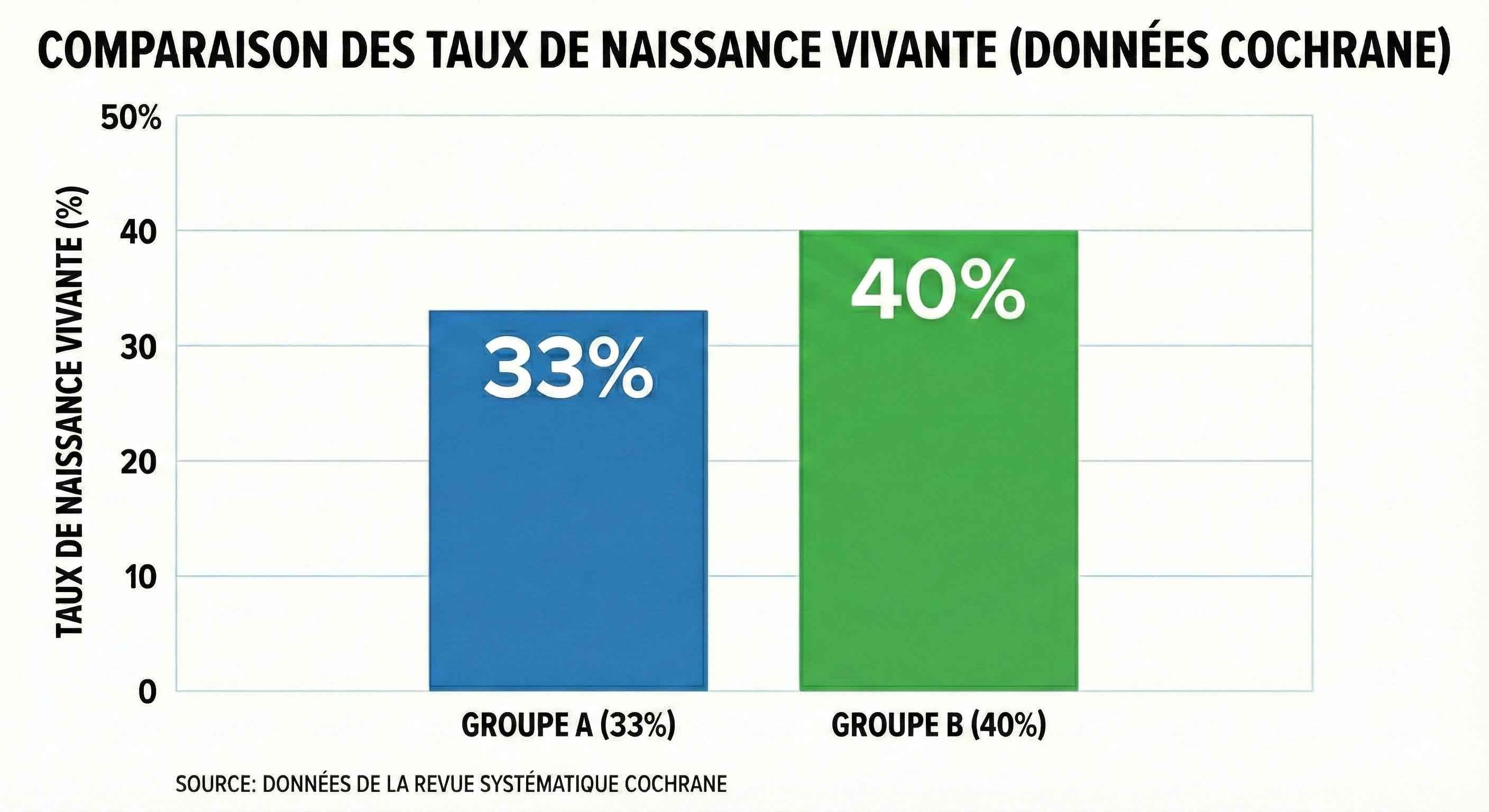 Graphique montrant l'augmentation des taux de naissance vivante avec l'utilisation de milieux enrichis en hiyalüronan selon Cochrane 2020.