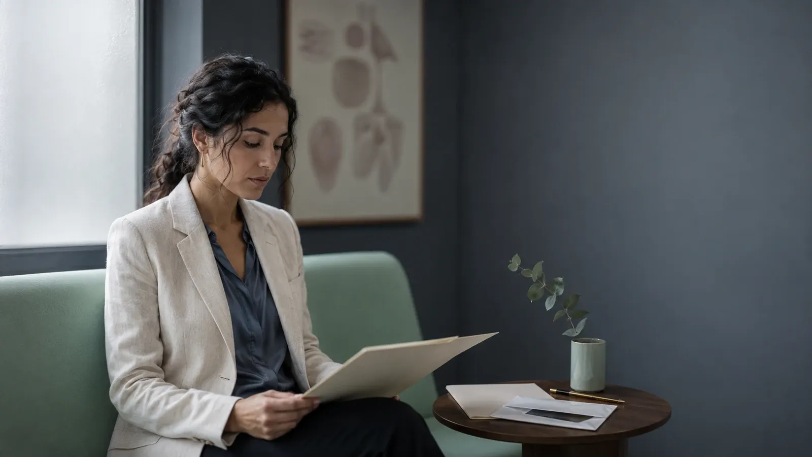 Woman reviewing fertility evaluation papers in a cool slate and mint consultation space — editorial hero for female infertility and IVF