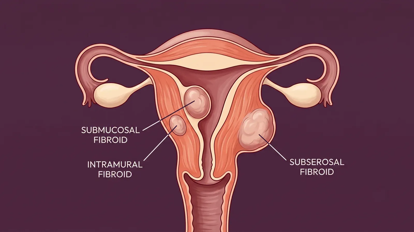 Medical illustration of the uterus showing submucosal, intramural, and subserosal fibroid locations