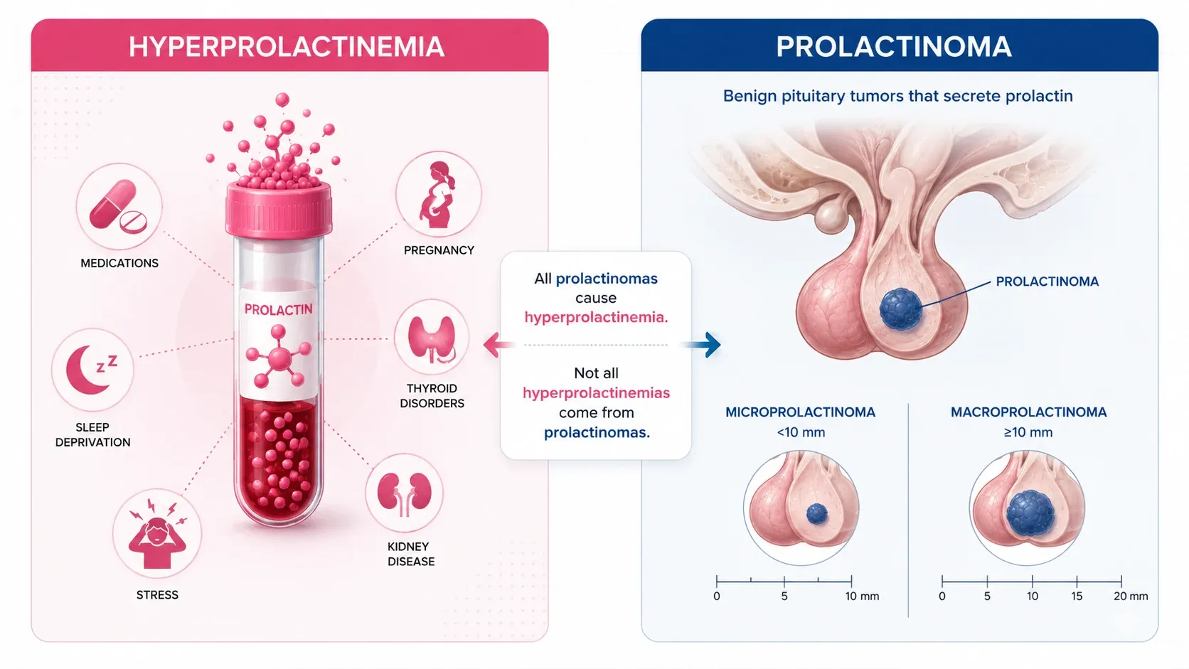 Hyperprolactinemia vs prolactinoma: visual comparison of causes and anatomy