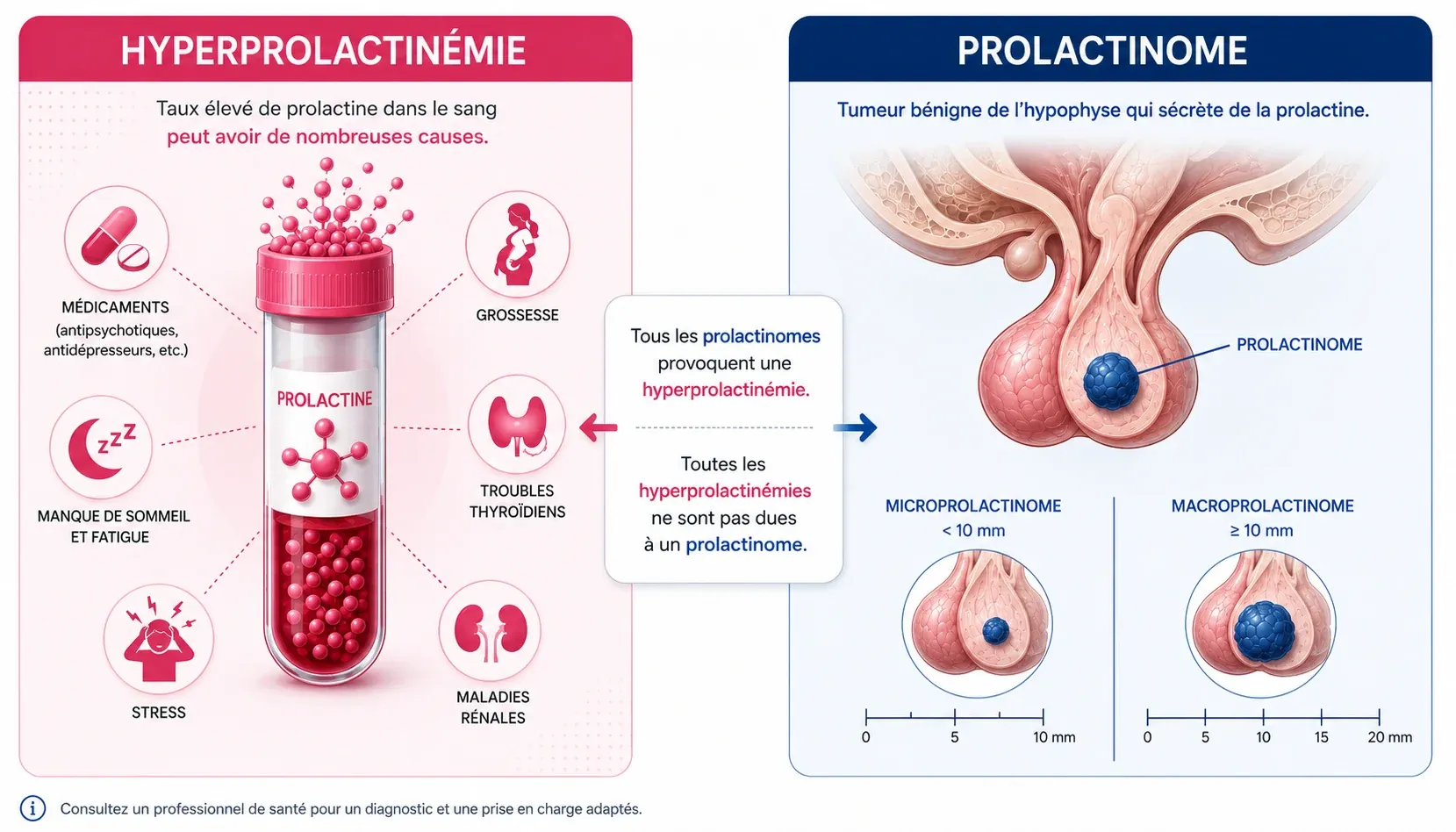 Hyperprolactinémie vs prolactinome : comparaison visuelle des causes et de l'anatomie
