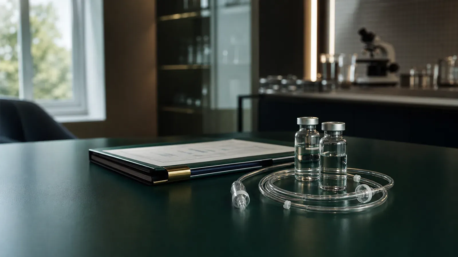 Unlabelled infusion vials, an unused IV line and an evidence folder in a fertility clinic consultation room