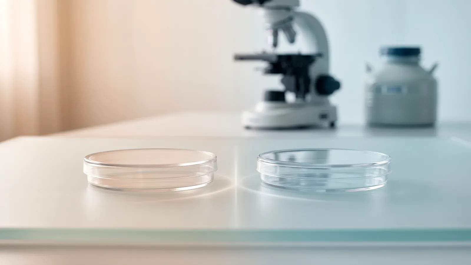 Two empty culture dishes under balanced warm and cool light in an embryology laboratory