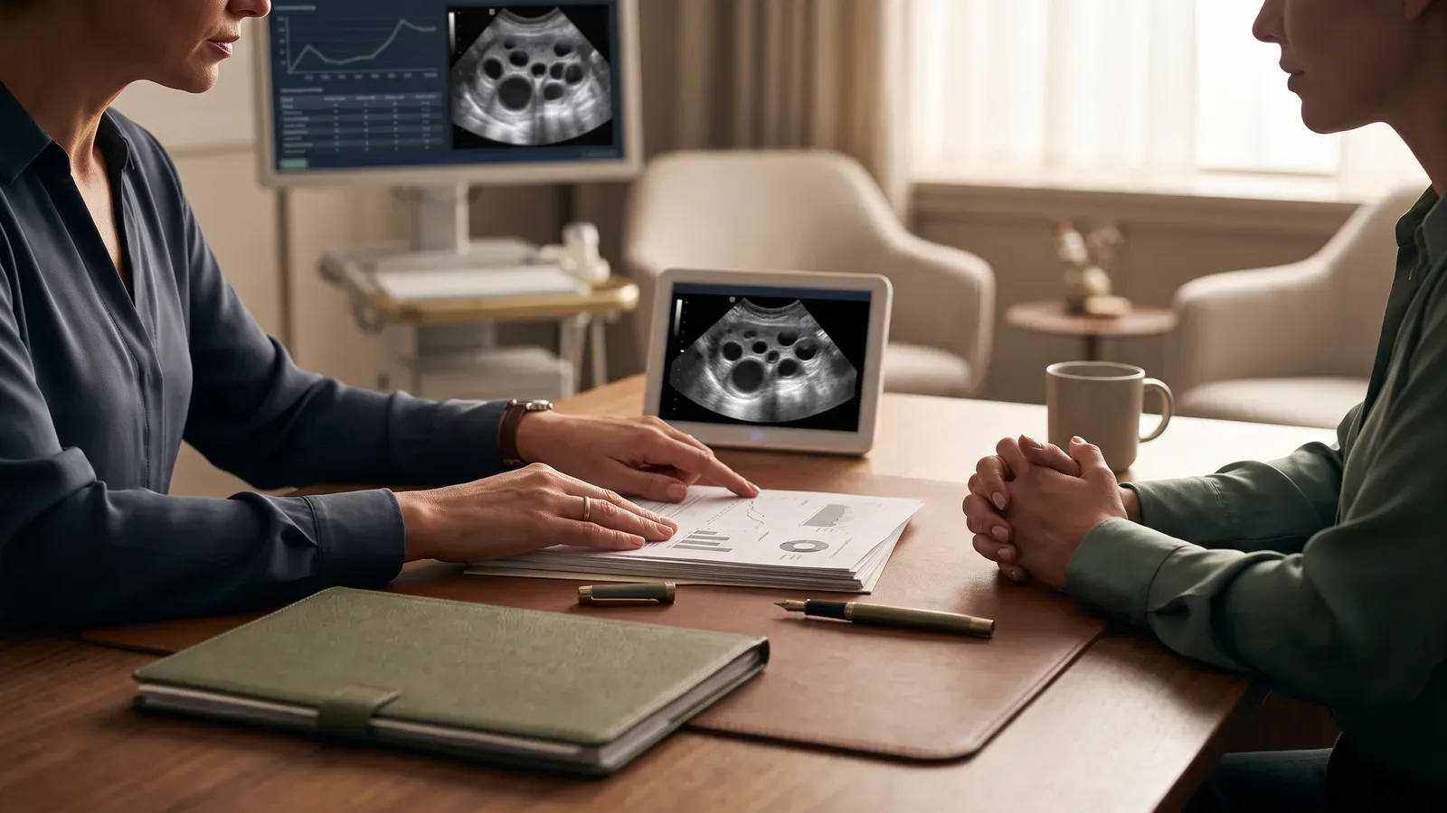 Fertility specialist discussing ovarian follicle monitoring and IVF treatment planning with a patient
