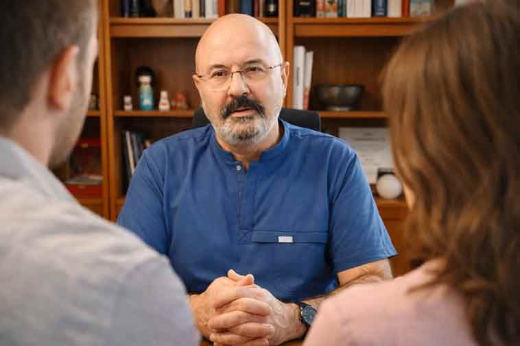 Dr. Senai Aksoy in fertility consultation, explaining the risks of intralipid and IVIG infusions to his patients.