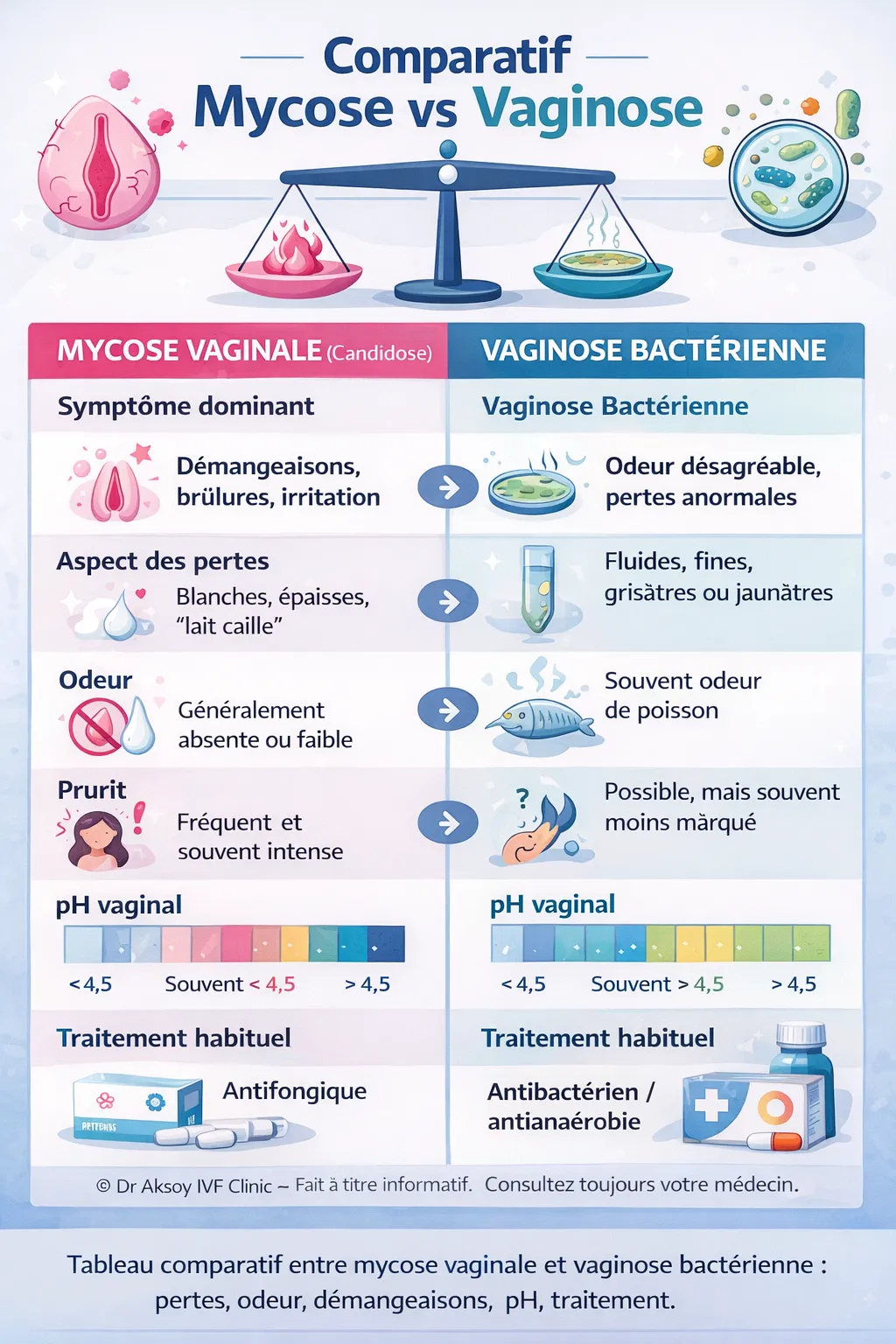 Tableau comparatif entre mycose vaginale et vaginose bactérienne : pertes, odeur, démangeaisons, pH, traitement.