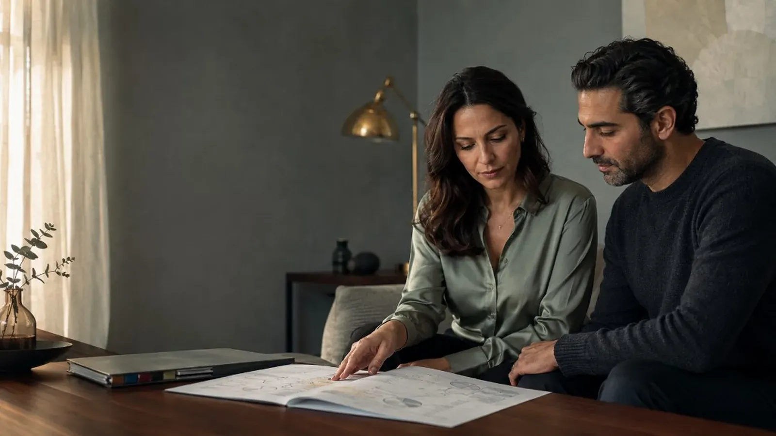 Couple reviewing a genetics report together in a quiet slate-and-ivory consultation room — editorial hero for PGT-M decision-making