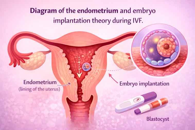 Diagram of the endometrium and theory of embryo implantation during IVF.