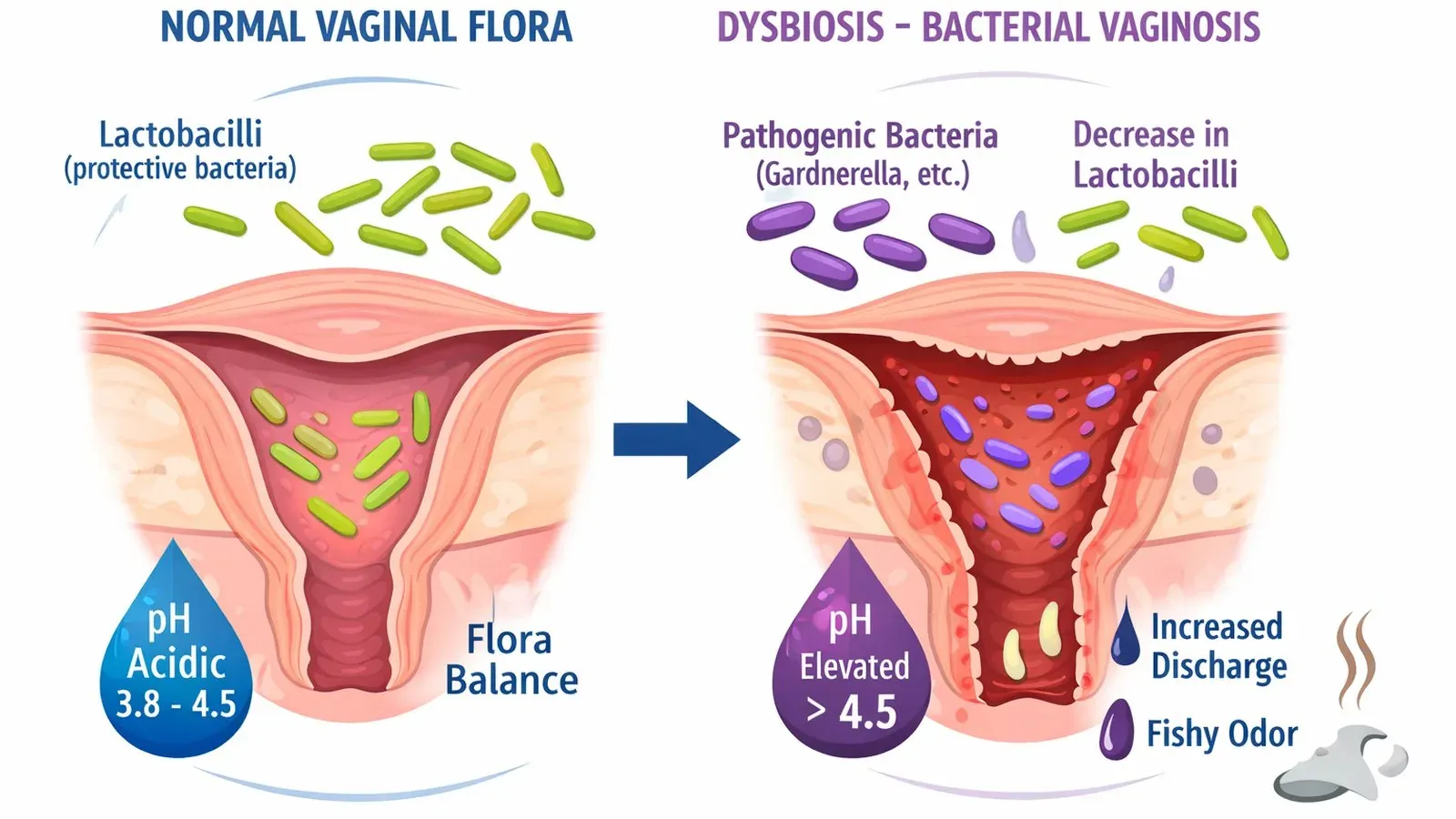 Comparison of lactobacillus-dominant vaginal flora and bacterial vaginosis, including associated pH ranges and symptoms