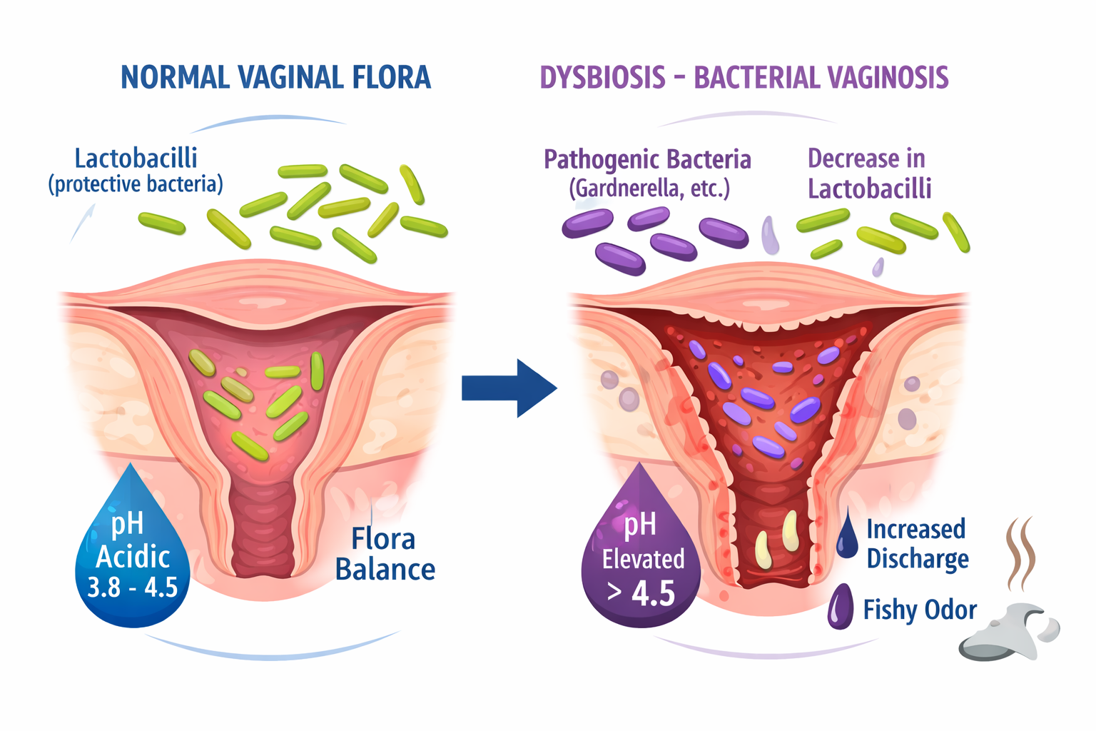 Illustration of normal vaginal microbiota compared to the dysbiosis seen in bacterial vaginosis (English version)